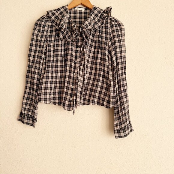 Doen Joelle Navy Counrty Side Plaid Checked Ruffle Collar Button Down Top Size S - Picture 3 of 7